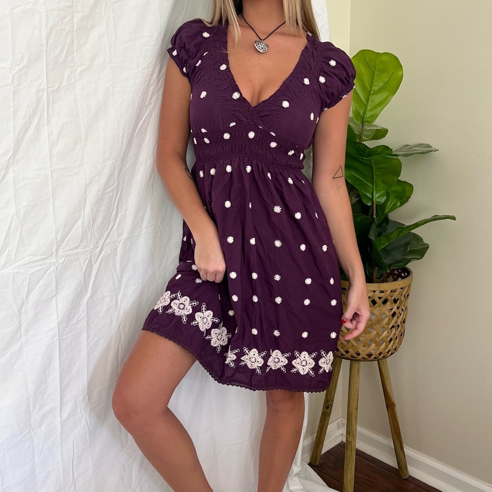 Y2K Purple + White Embroidered Scrunch Waist Sundress